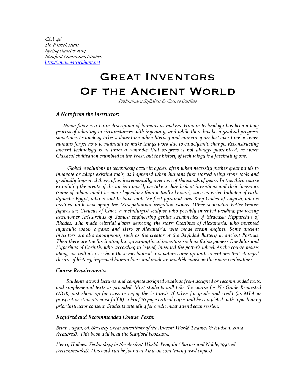 Great Inventors of the Ancient World Preliminary Syllabus & Course Outline