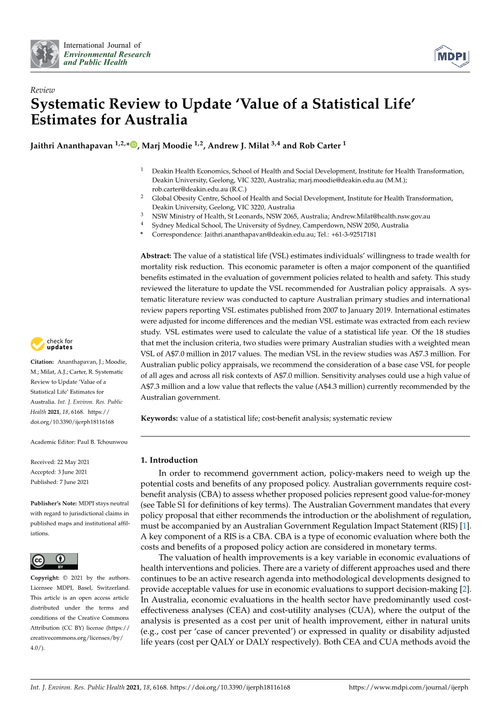 Systematic Review to Update 'Value of a Statistical Life'