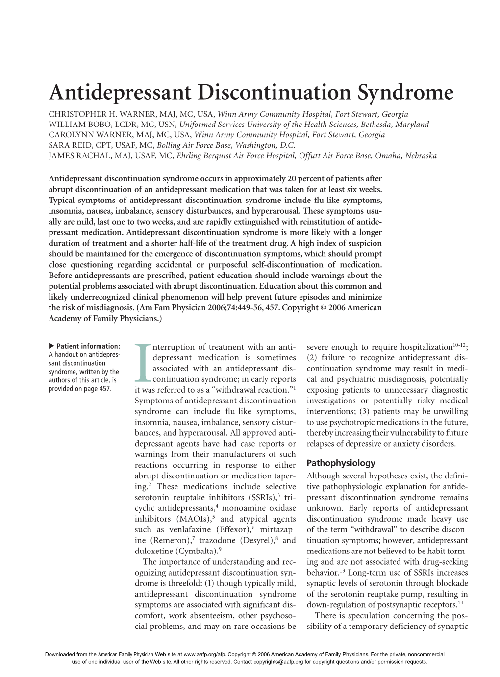 Antidepressant Discontinuation Syndrome CHRISTOPHER H