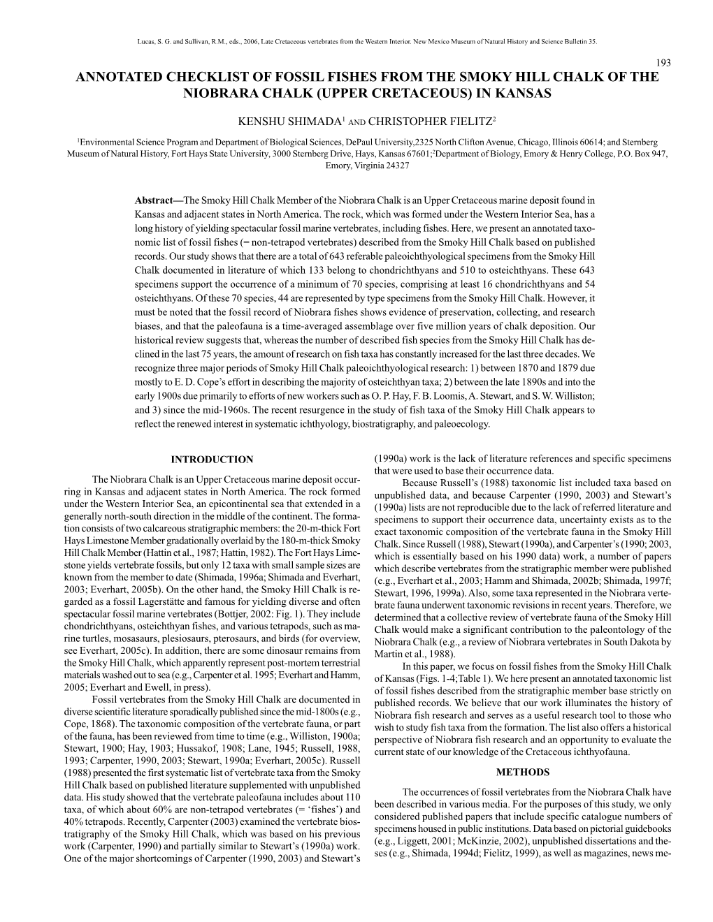 Annotated Checklist of Fossil Fishes from the Smoky Hill Chalk of the Niobrara Chalk (Upper Cretaceous) in Kansas