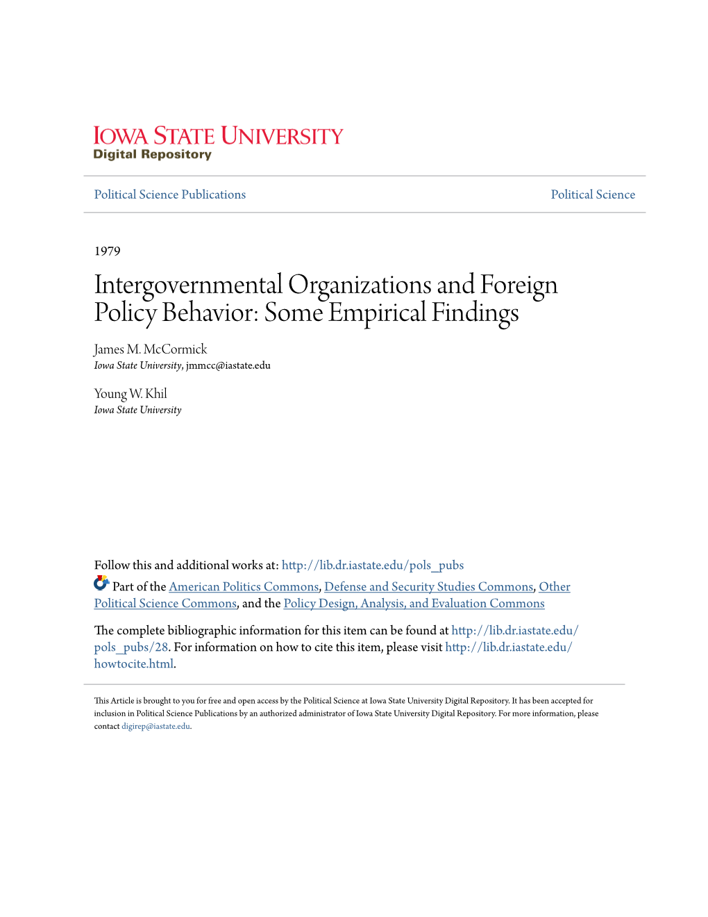 Intergovernmental Organizations and Foreign Policy Behavior: Some Empirical Findings James M