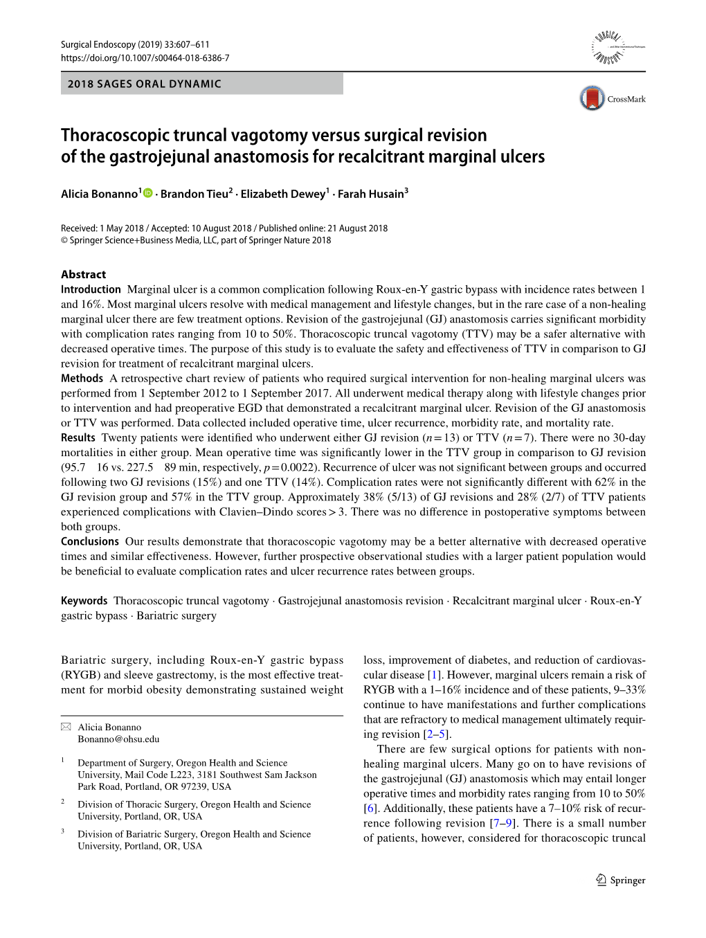 Thoracoscopic Truncal Vagotomy Versus Surgical Revision of the Gastrojejunal Anastomosis for Recalcitrant Marginal Ulcers