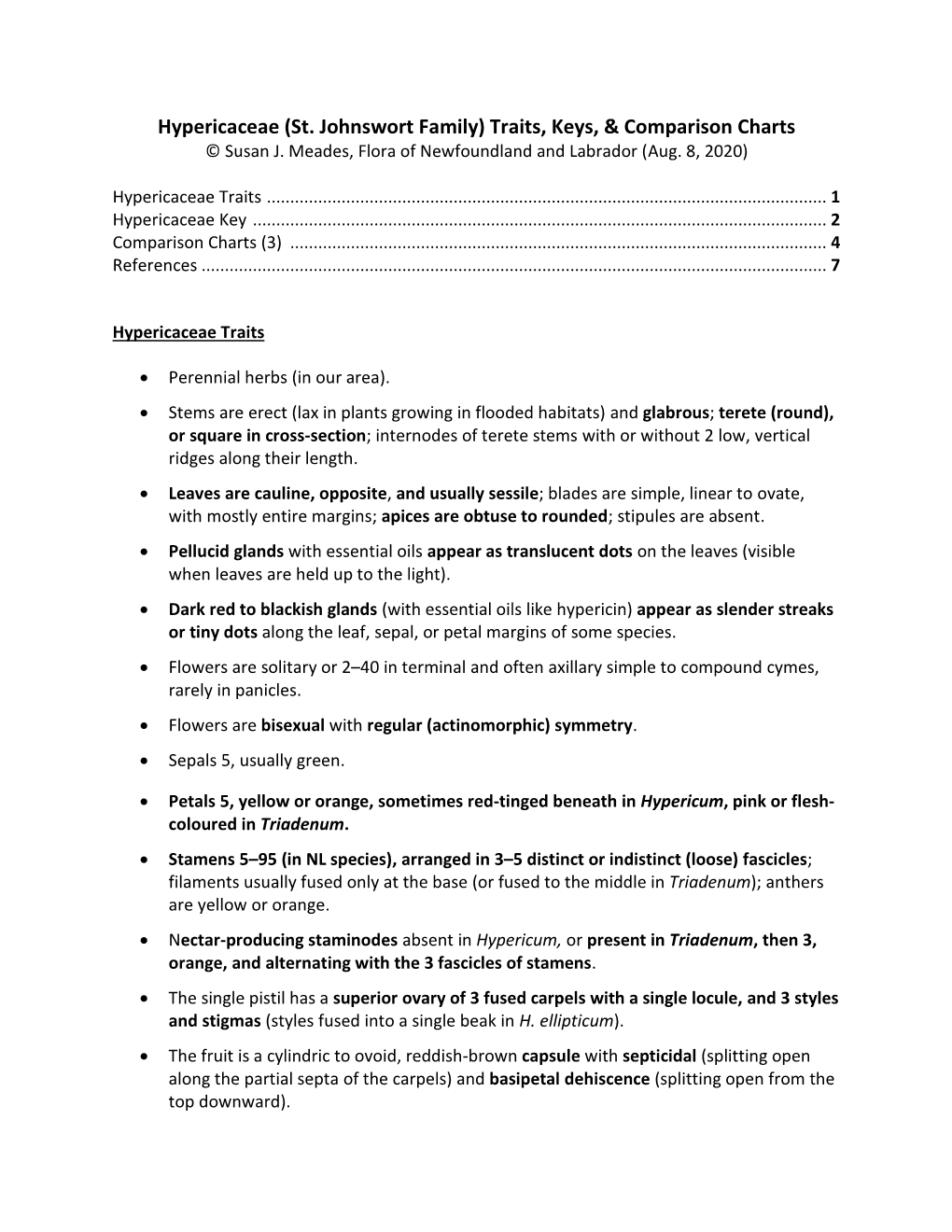 Hypericaceae Key, Charts & Traits