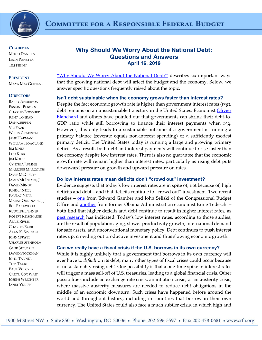 Why Should We Worry About the National Debt: MITCH DANIELS Questions and Answers LEON PANETTA TIM PENNY April 16, 2019