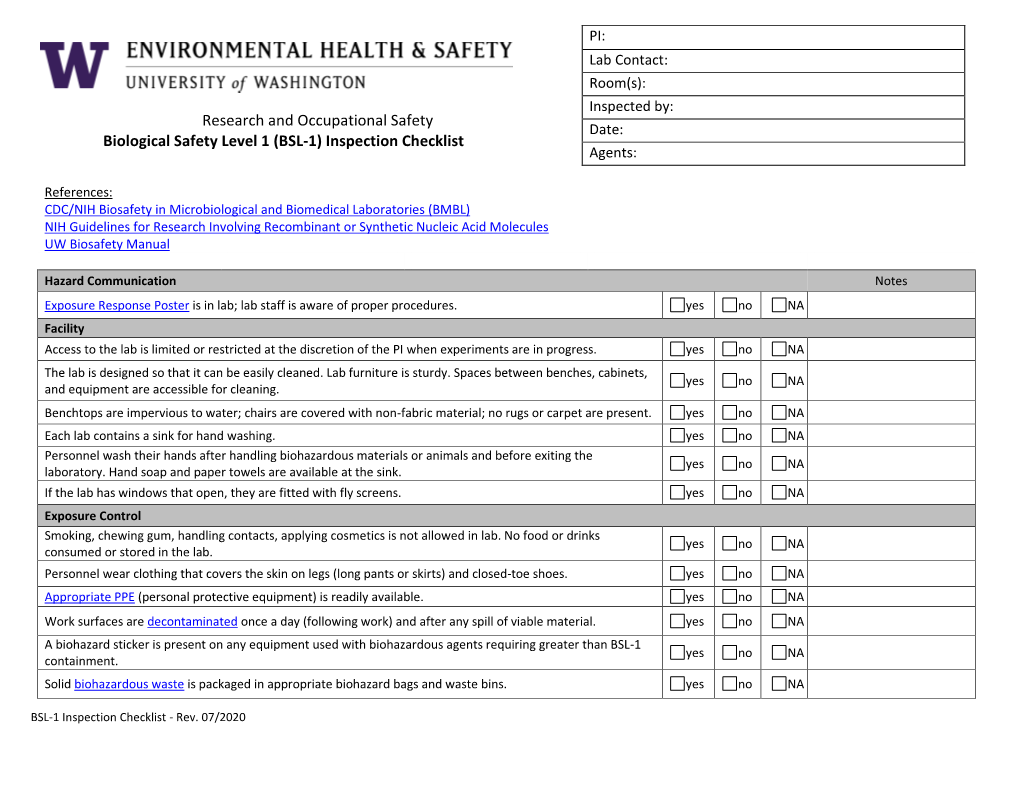 (BSL-1) Inspection Checklist Agents