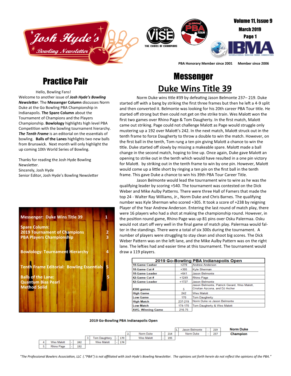 Duke Wins Title 39 Welcome to Another Issue of Josh Hyde’S Bowling Norm Duke Wins Title #39 by Defeating Jason Belmonte 237– 219