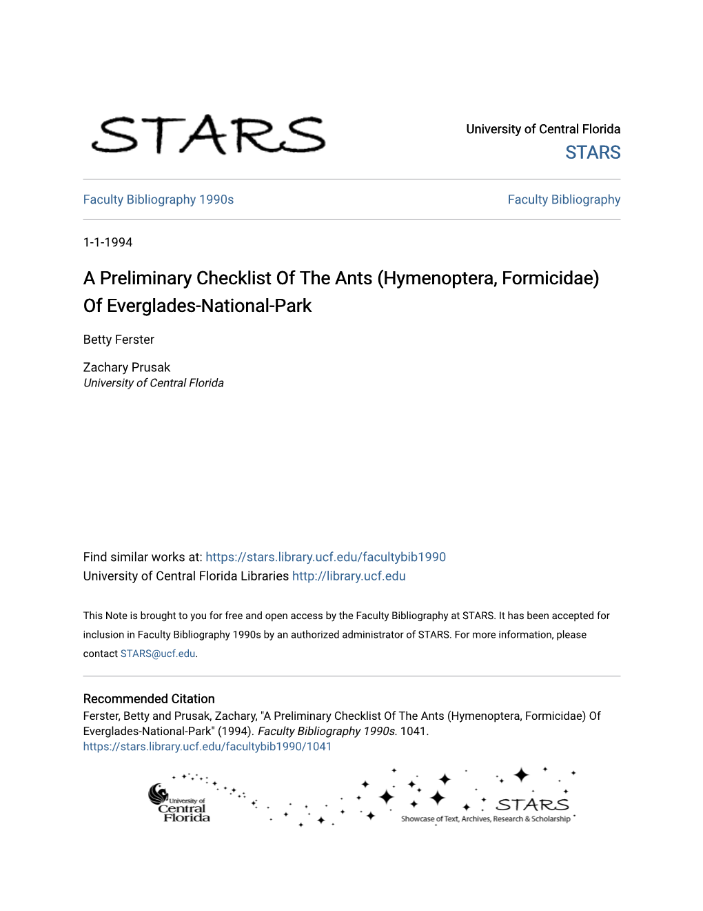 A Preliminary Checklist of the Ants (Hymenoptera, Formicidae) of Everglades-National-Park