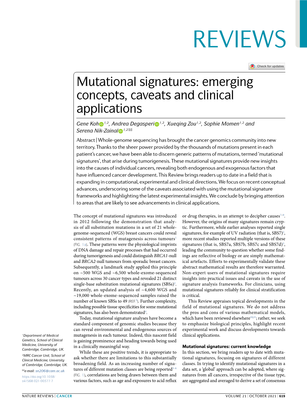 Mutational Signatures: Emerging Concepts, Caveats and Clinical Applications