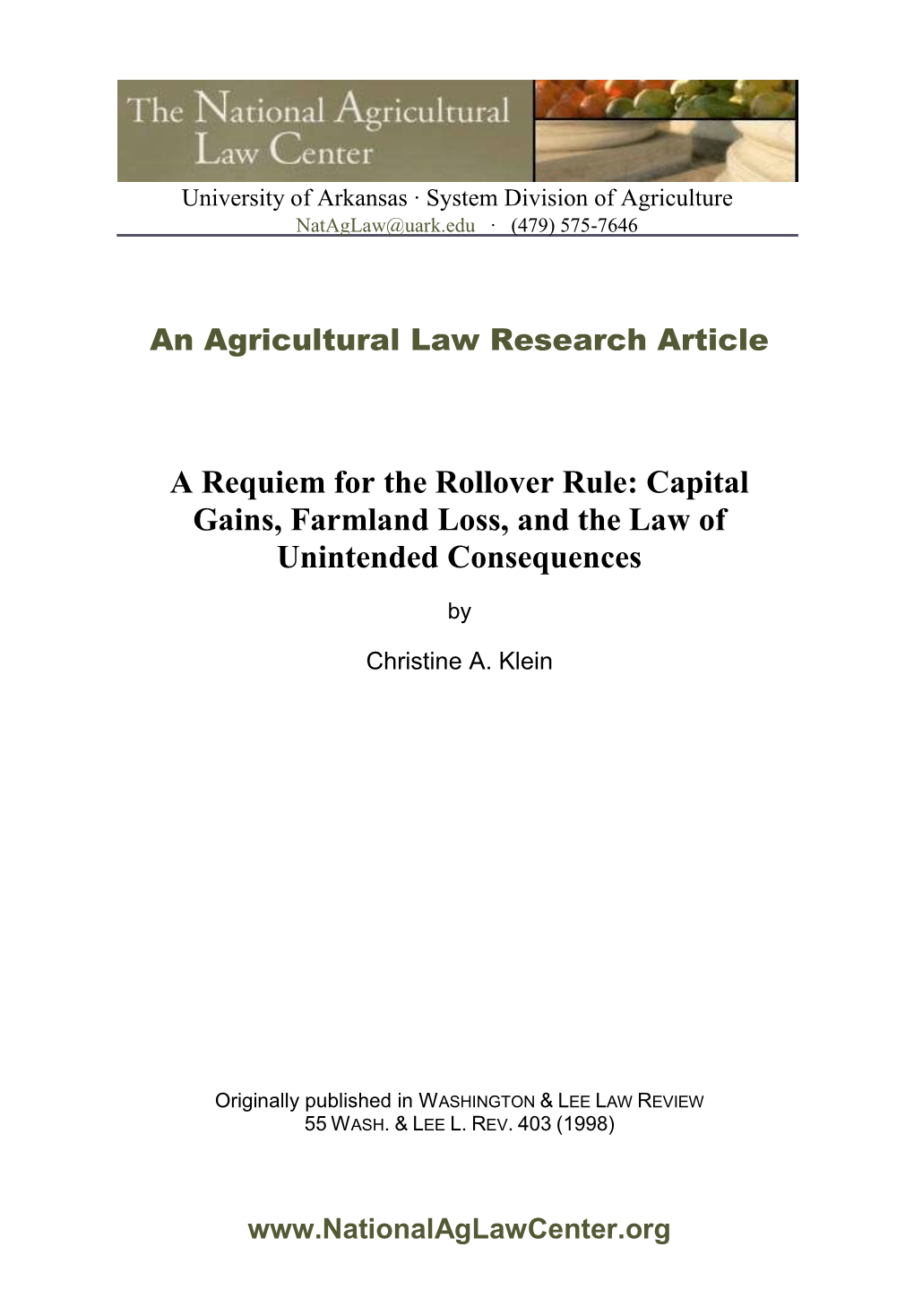 A Requiem for the Rollover Rule: Capital Gains, Farmland Loss, and the Law of Unintended Consequences