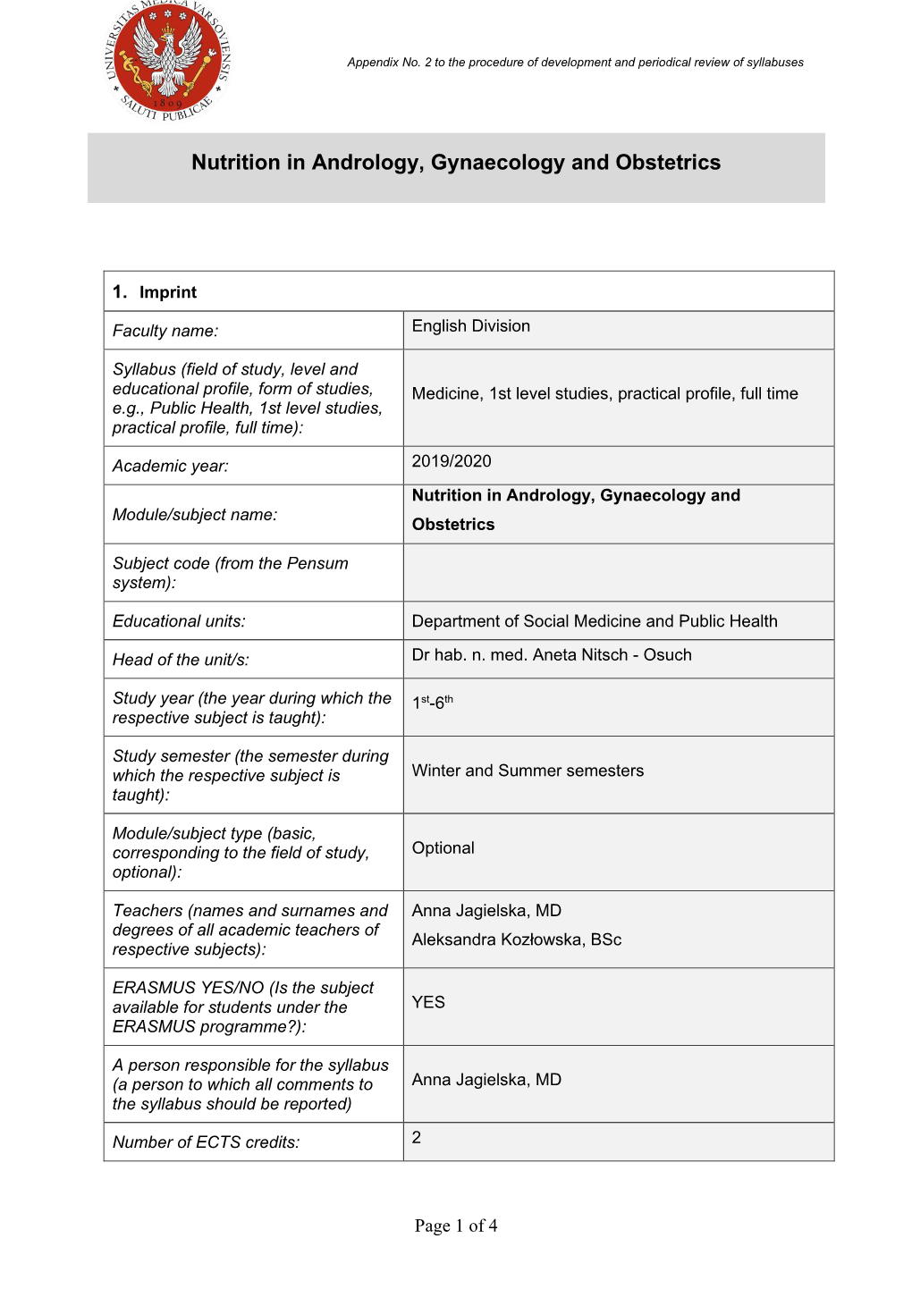 Nutrition in Andrology, Gynaecology and Obstetrics