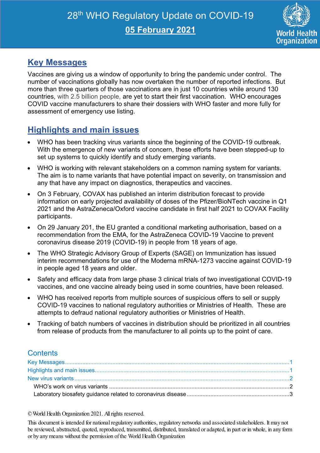 28Th WHO Regulatory Update on COVID-19