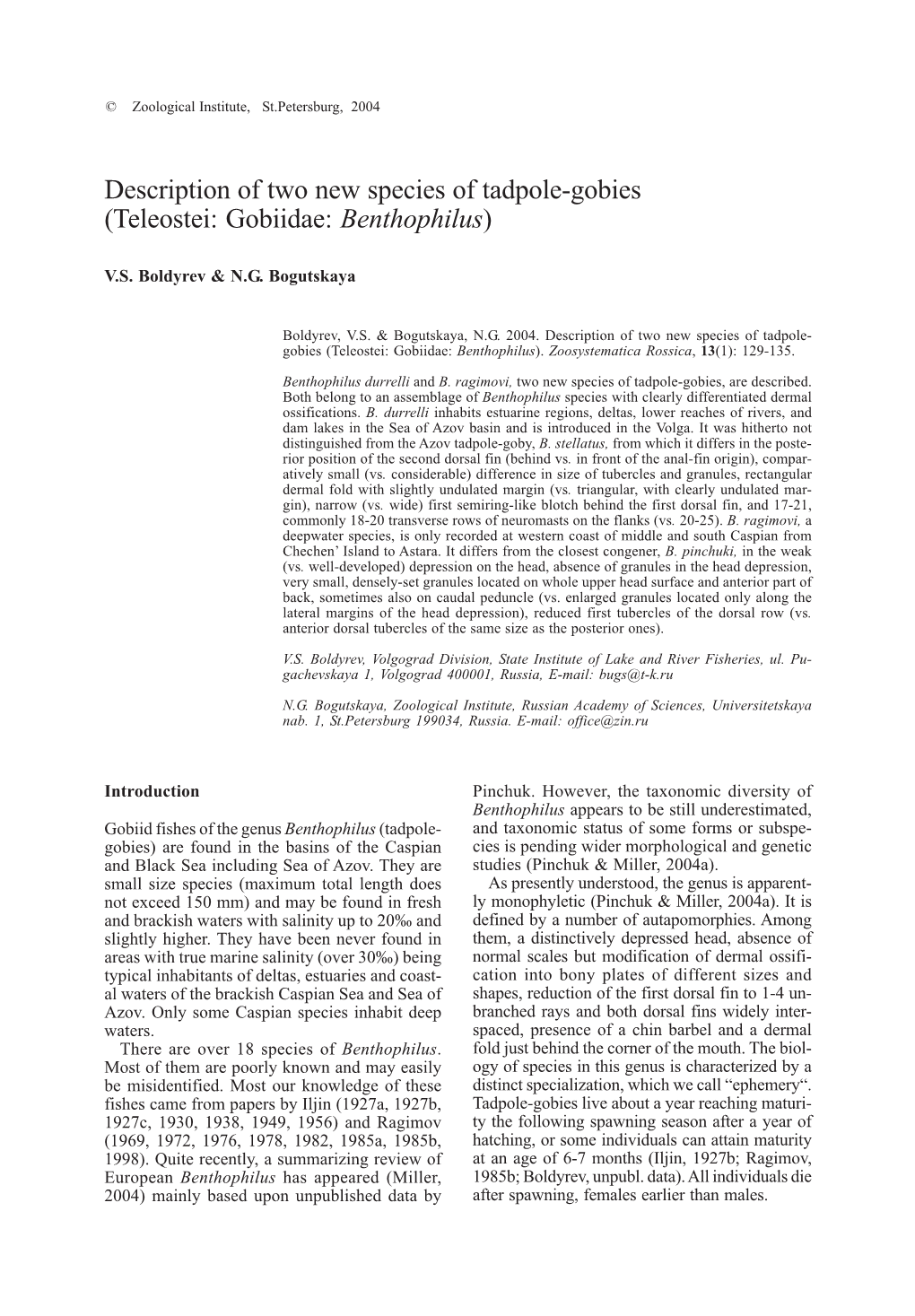 Description of Two New Species of Tadpole-Gobies (Teleostei: Gobiidae: Benthophilus)