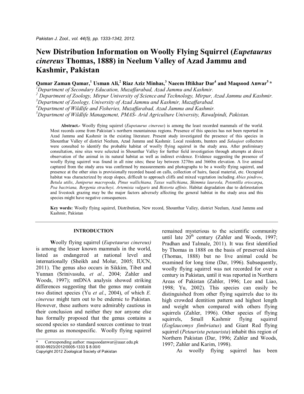 New Distribution Information on Woolly Flying Squirrel (Eupetaurus Cinereus Thomas, 1888) in Neelum Valley of Azad Jammu and Kashmir, Pakistan