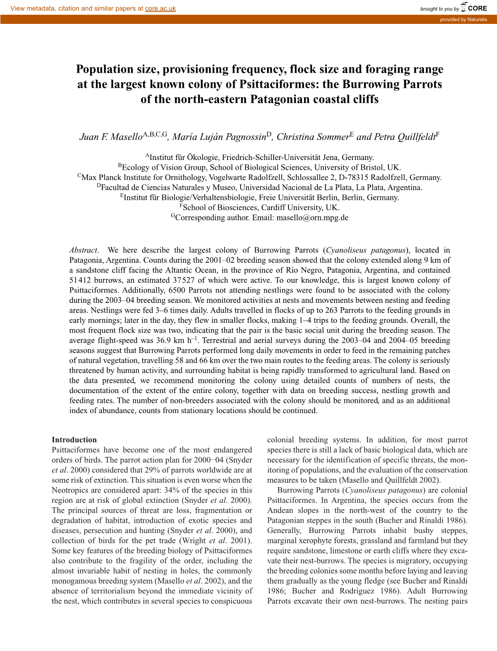 Population Size, Provisioning Frequency, Flock Size and Foraging