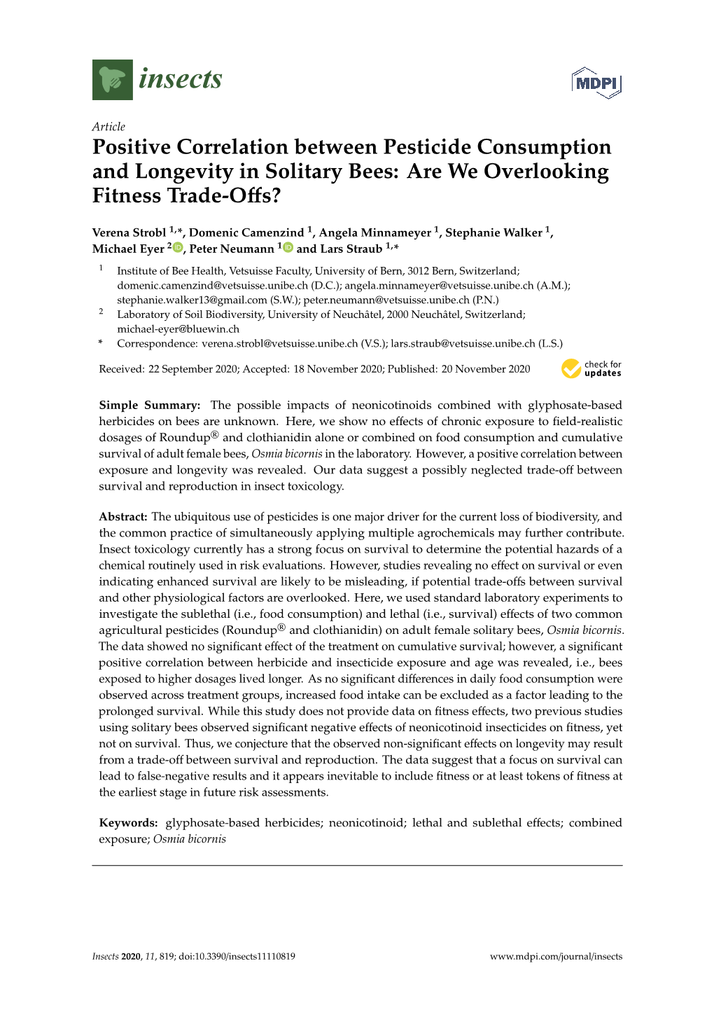 Positive Correlation Between Pesticide Consumption and Longevity in Solitary Bees: Are We Overlooking Fitness Trade-Oﬀs?