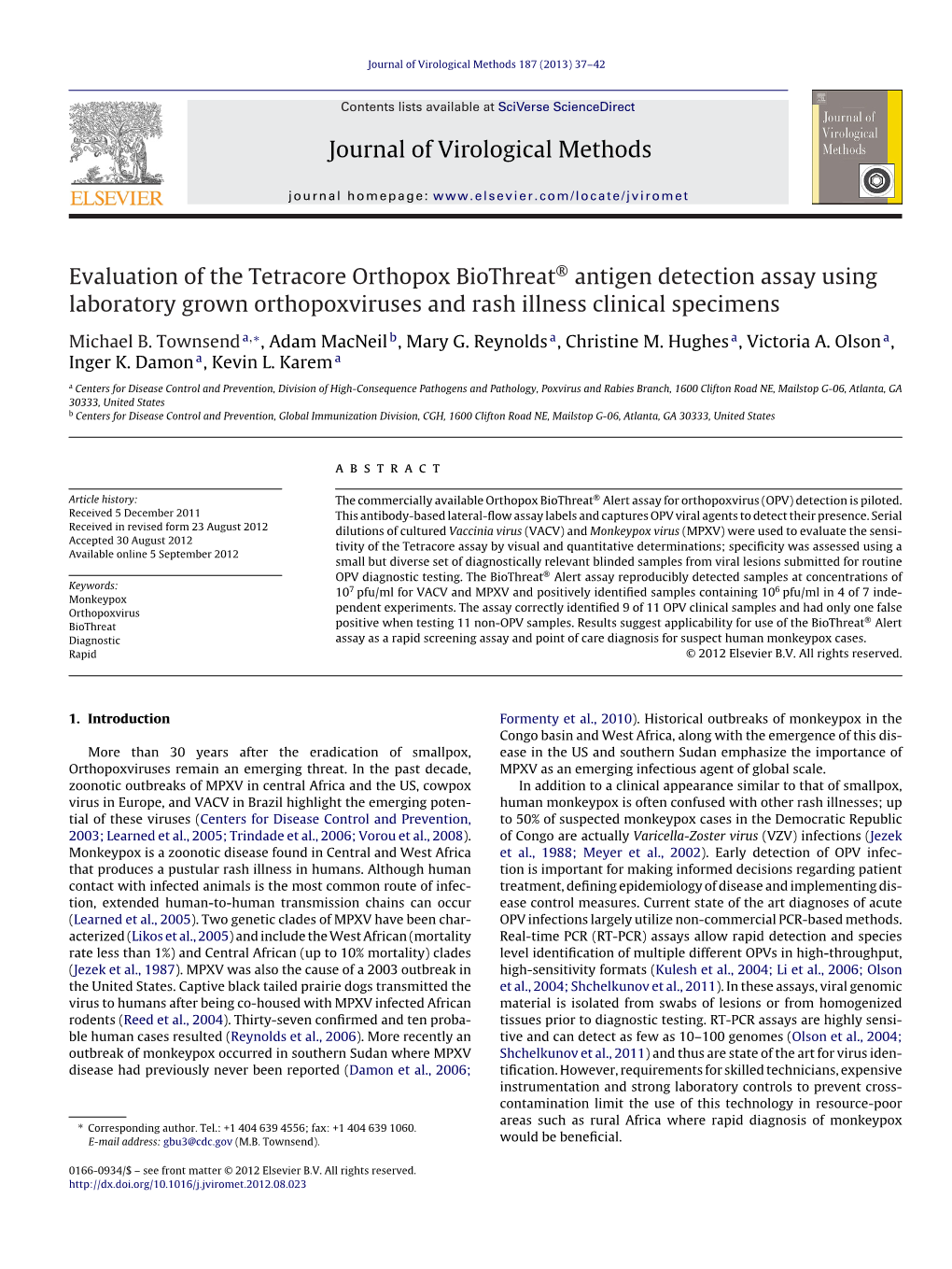 Evaluation of the Tetracore Orthopox Biothreat® Antigen Detection Assay