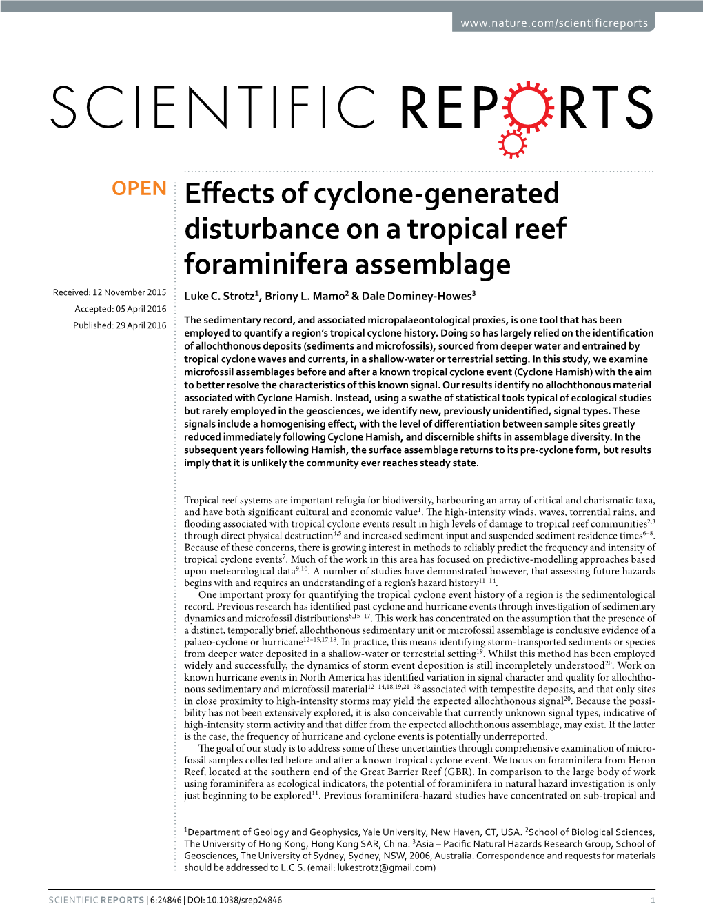 Effects of Cyclone-Generated Disturbance on a Tropical Reef Foraminifera Assemblage Received: 12 November 2015 Luke C