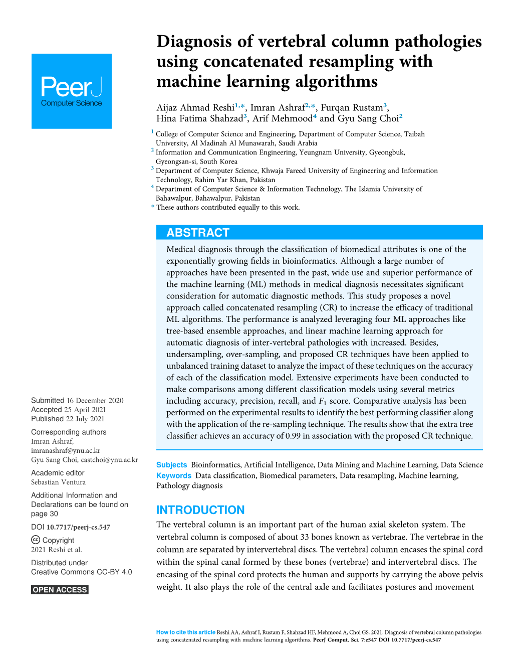 Diagnosis of Vertebral Column Pathologies Using Concatenated Resampling with Machine Learning Algorithms