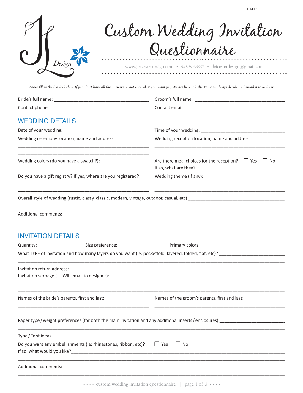 Custom Wedding Invitation Questionnaire Design • 925.364.5017 • Jleicesterdesign@Gmail.Com