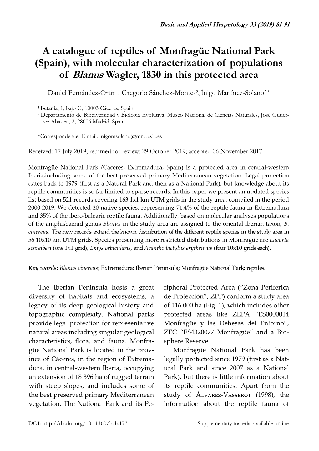 A Catalogue of Reptiles of Monfragüe National Park (Spain), with Molecular Characterization of Populations of Blanus Wagler, 1830 in This Protected Area