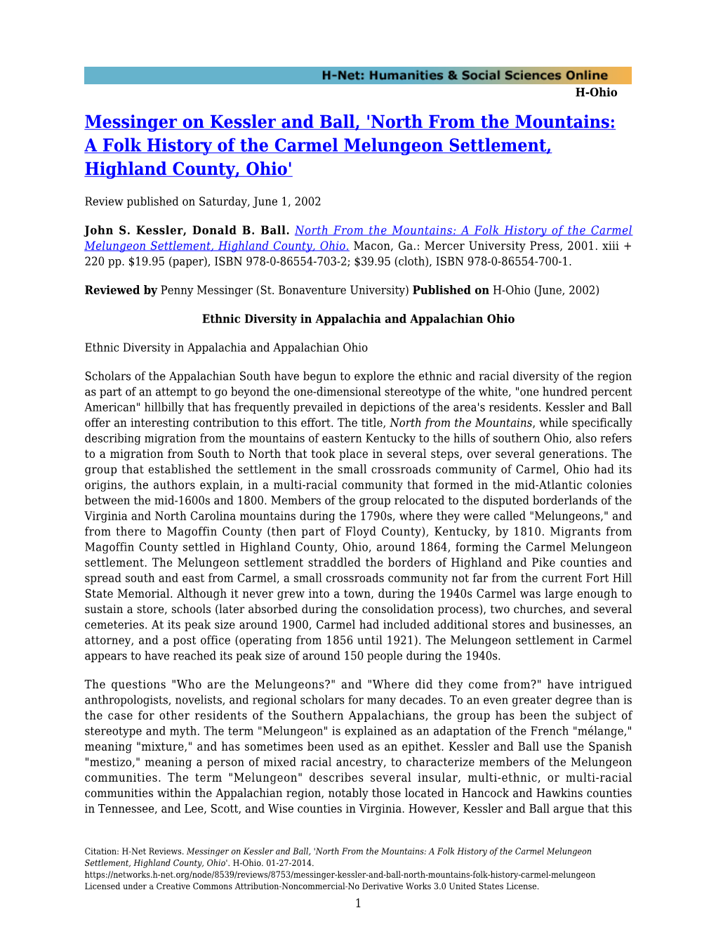 North from the Mountains: a Folk History of the Carmel Melungeon Settlement, Highland County, Ohio'