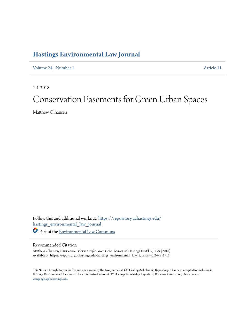 Conservation Easements for Green Urban Spaces Matthew Olhausen