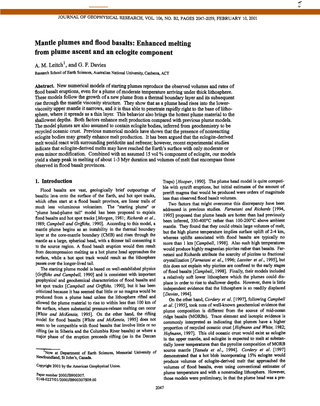 MANTLE PLUMES and FLOOD BASALTS Scribedblob of Uniformtemperature, Rather Than Resultingfrom Startsat the Paranaflood Basalt Province,South America