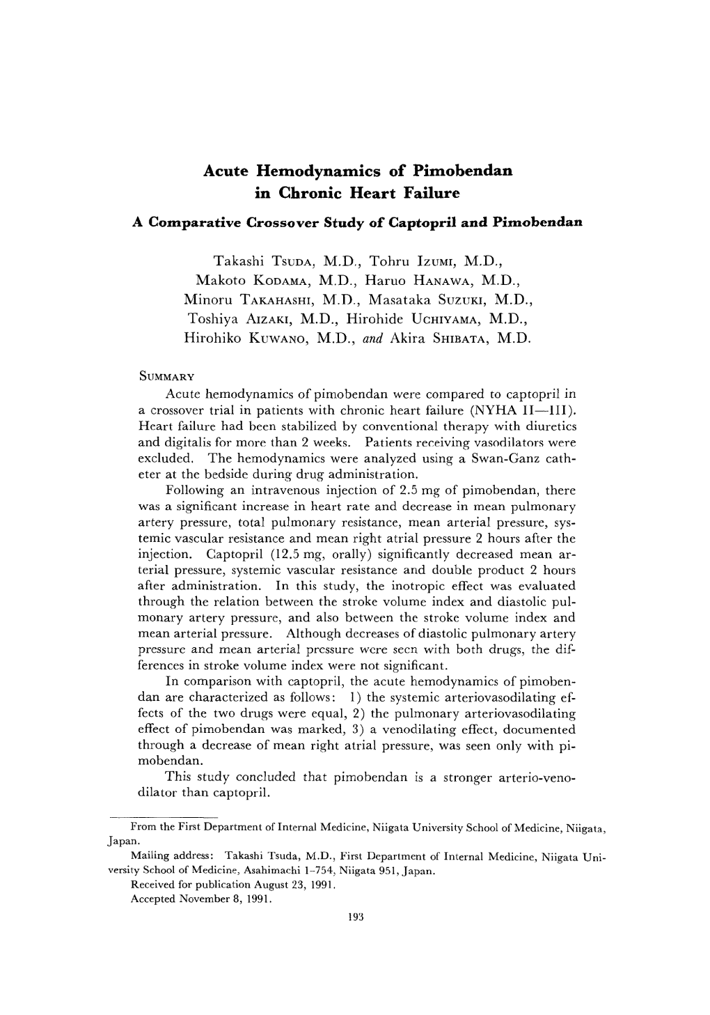 Acute Hemodynamics of Pimobendan in Chronic Heart Failure SUMMARY