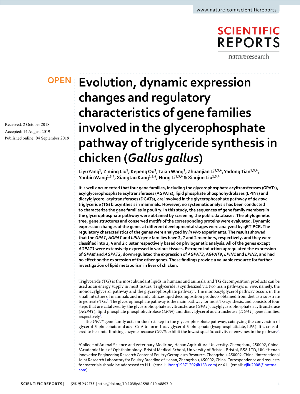 Evolution, Dynamic Expression Changes and Regulatory Characteristics of Gene Families Involved in the Glycerophosphate Pathway O