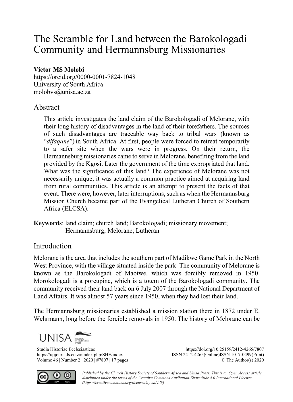 The Scramble for Land Between the Barokologadi Community and Hermannsburg Missionaries