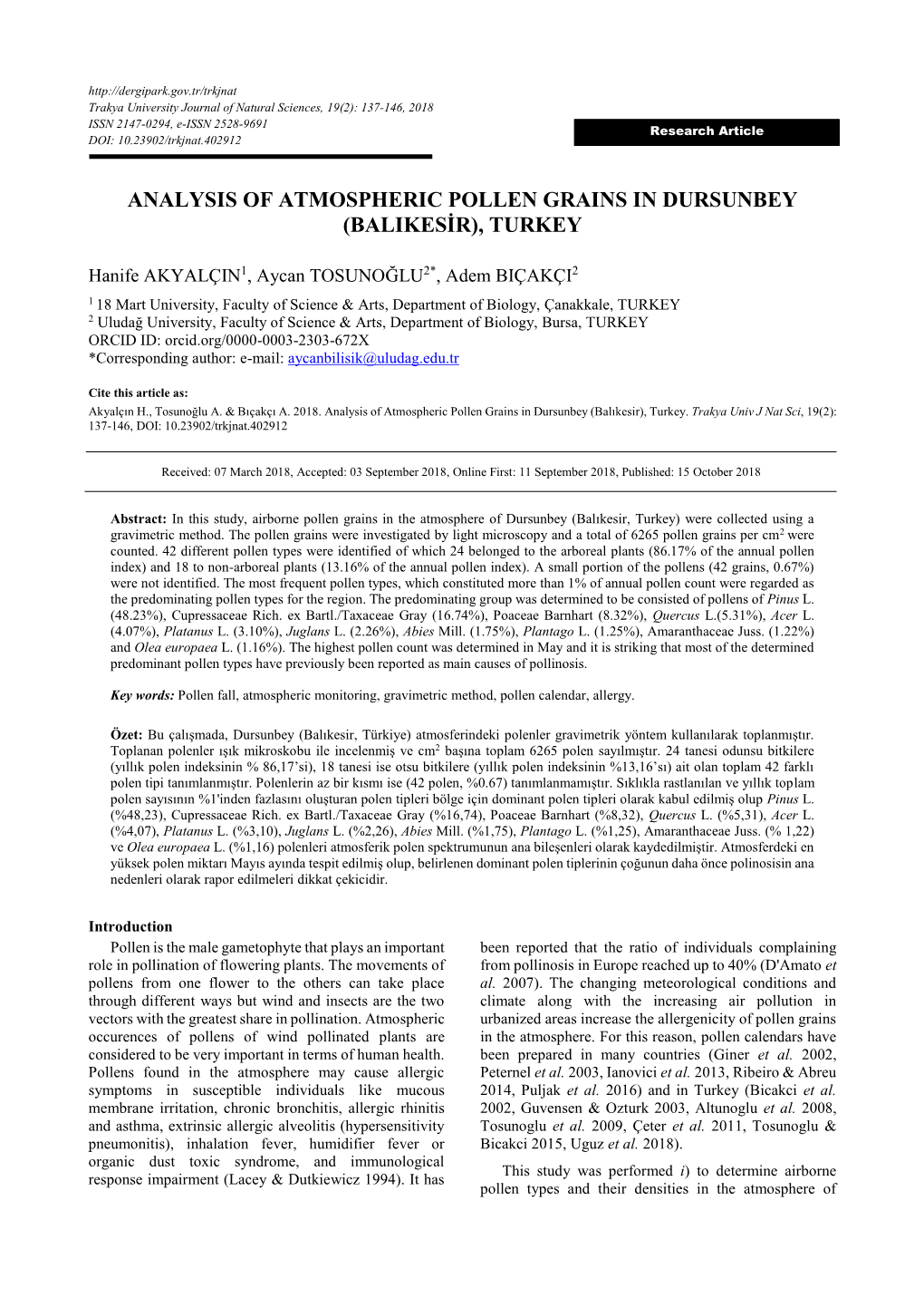 Analysis of Atmospheric Pollen Grains in Dursunbey (Balikesir), Turkey