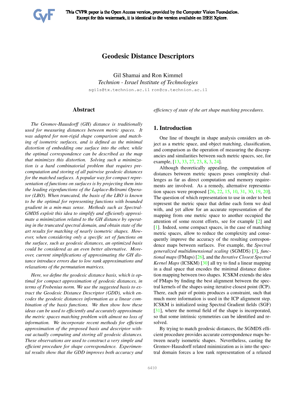 Geodesic Distance Descriptors