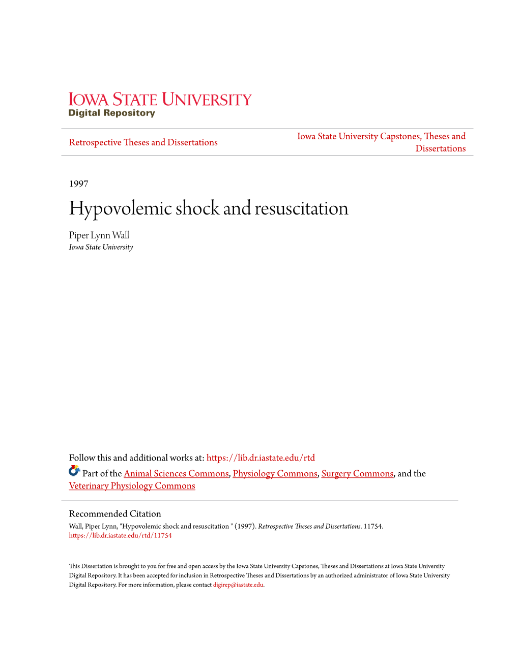 Hypovolemic Shock and Resuscitation Piper Lynn Wall Iowa State University