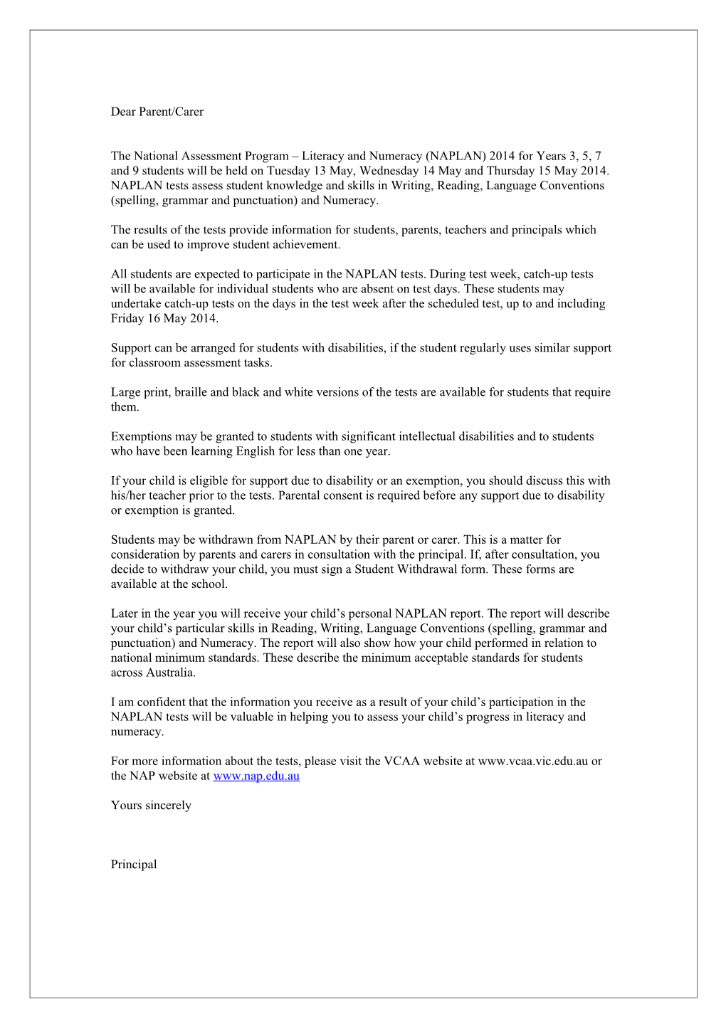 NAPLAN Sample Letter To Parents