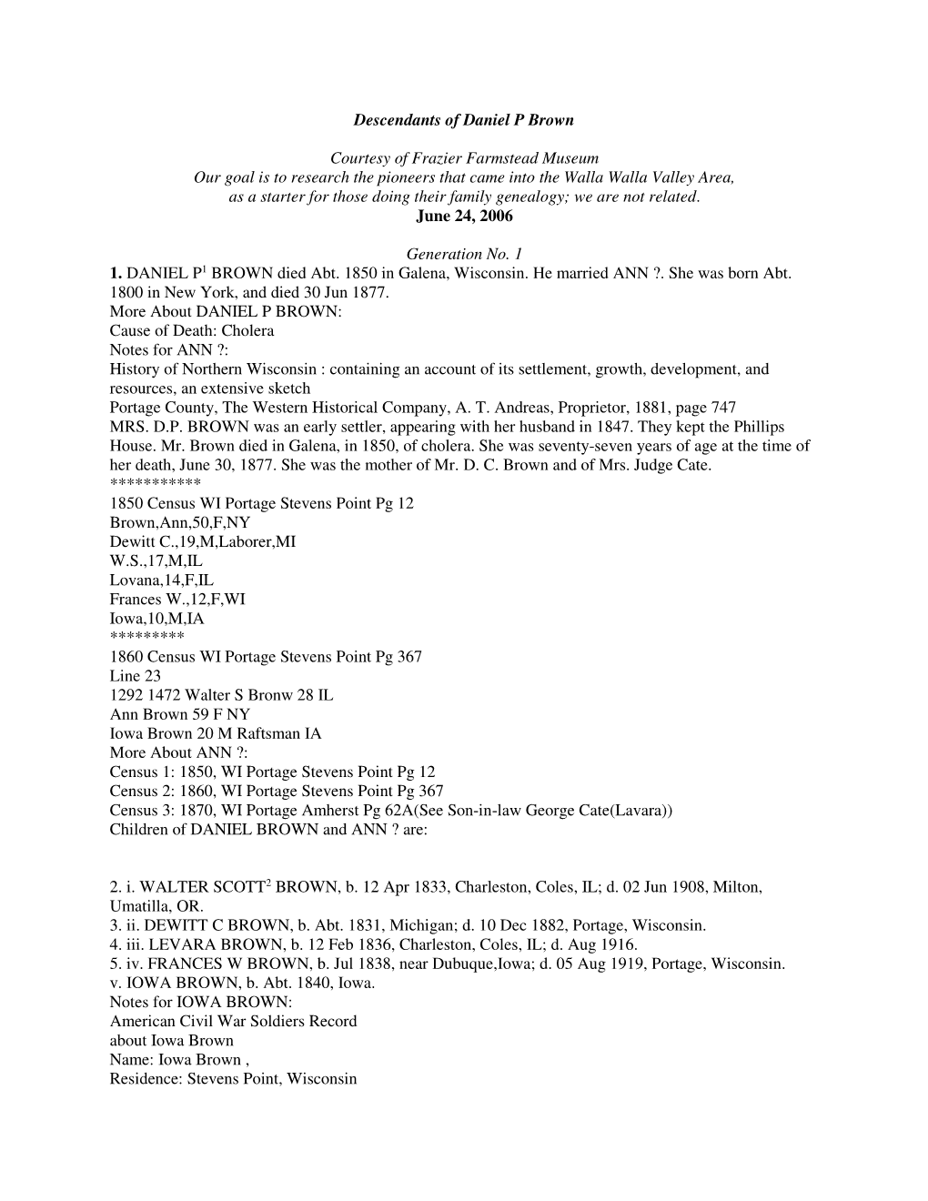 Descendants of Daniel P Brown Courtesy of Frazier Farmstead Museum Our Goal Is to Research the Pioneers That Came Into the Walla