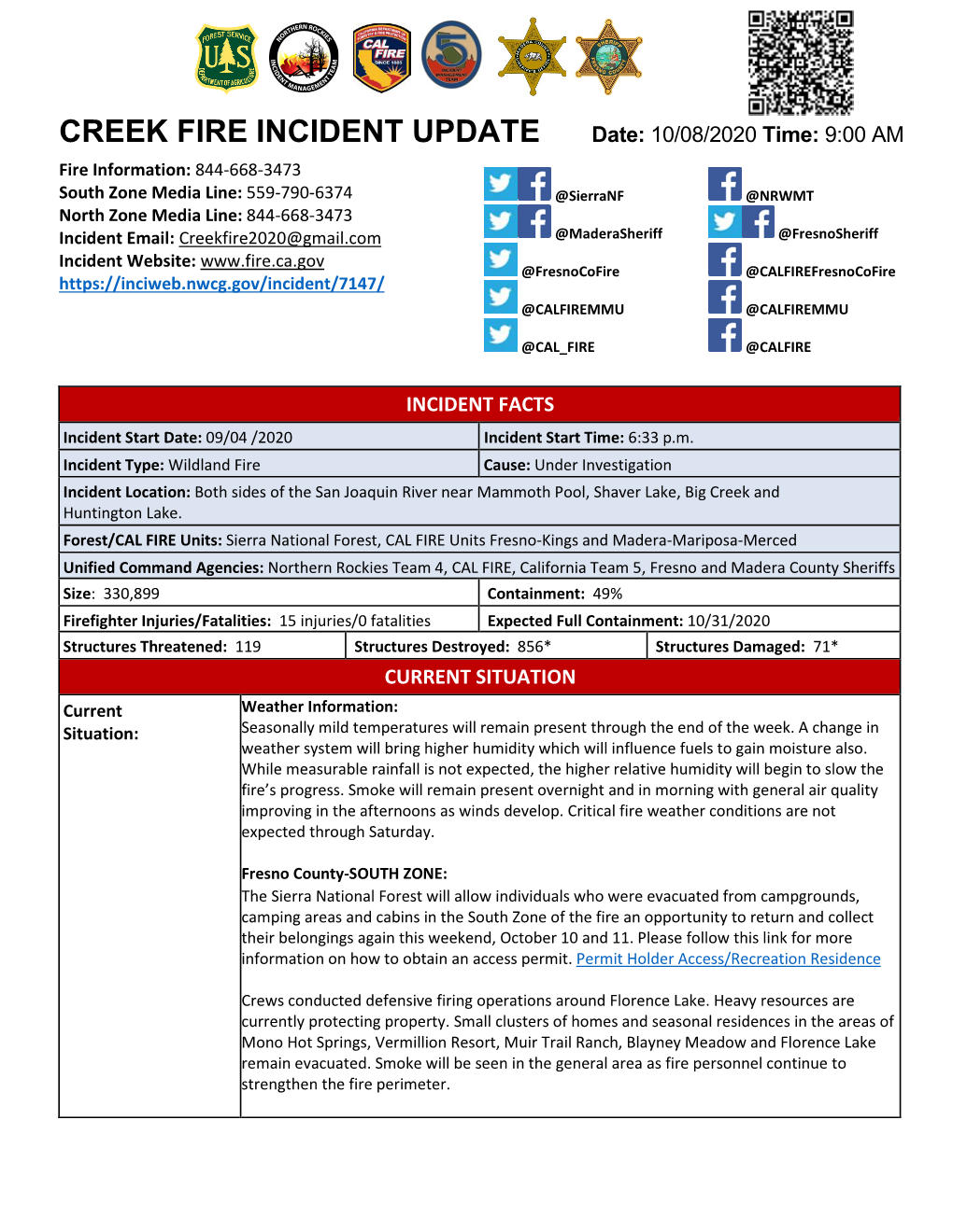 CREEK FIRE INCIDENT UPDATE Date