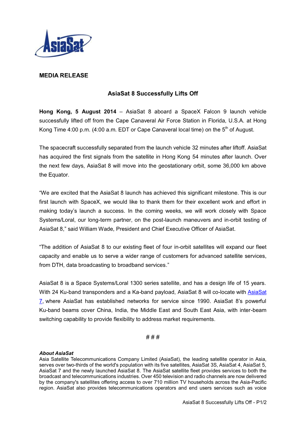 MEDIA RELEASE Asiasat 8 Successfully Lifts Off