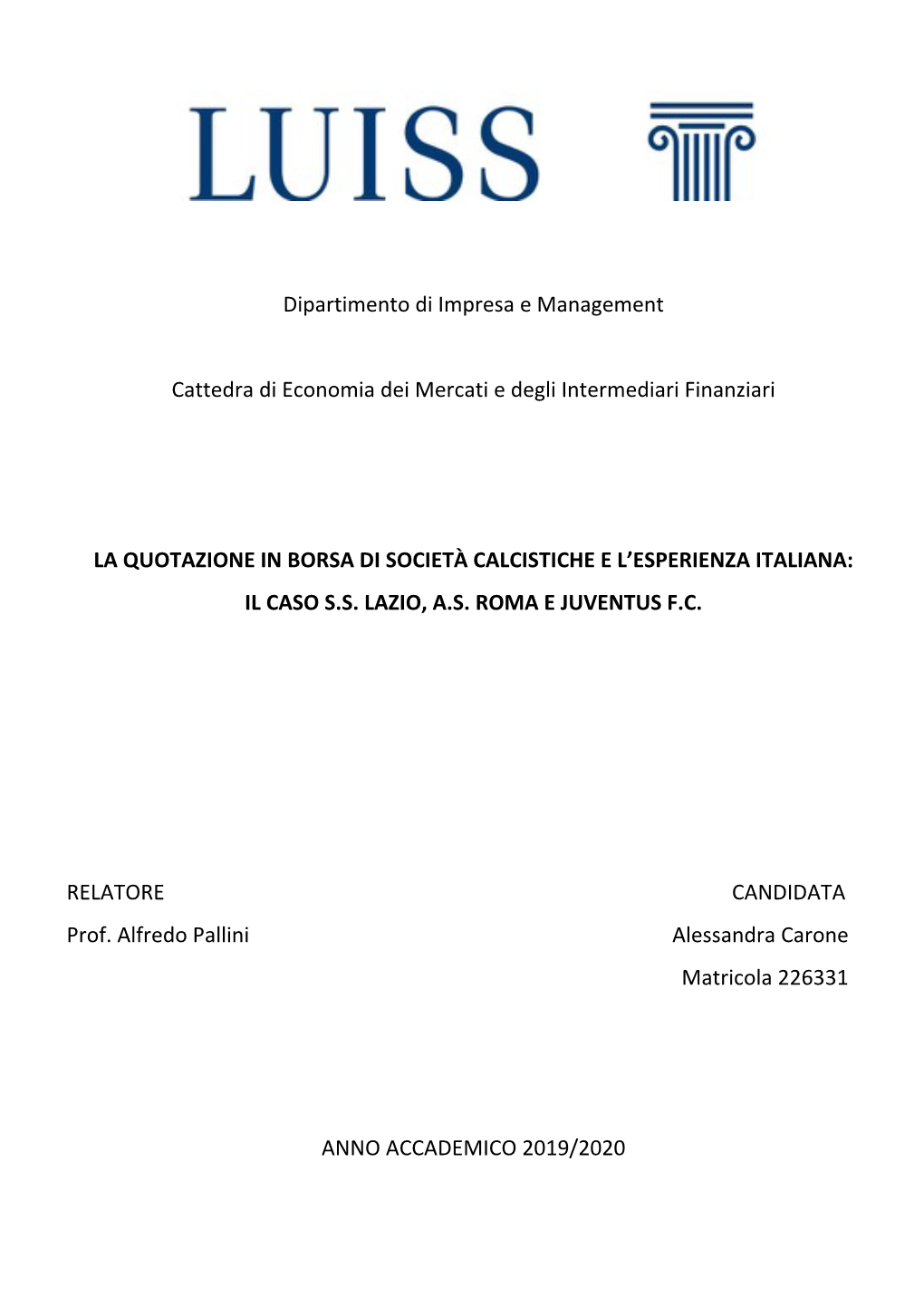 Dipartimento Di Impresa E Management Cattedra Di Economia