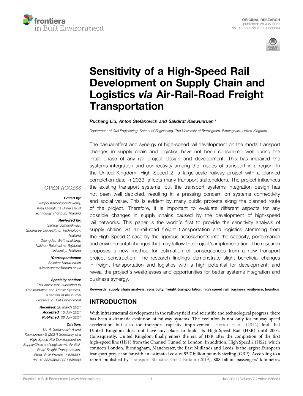 Sensitivity of a High-Speed Rail Development on Supply Chain and Logistics Via Air-Rail-Road Freight Transportation