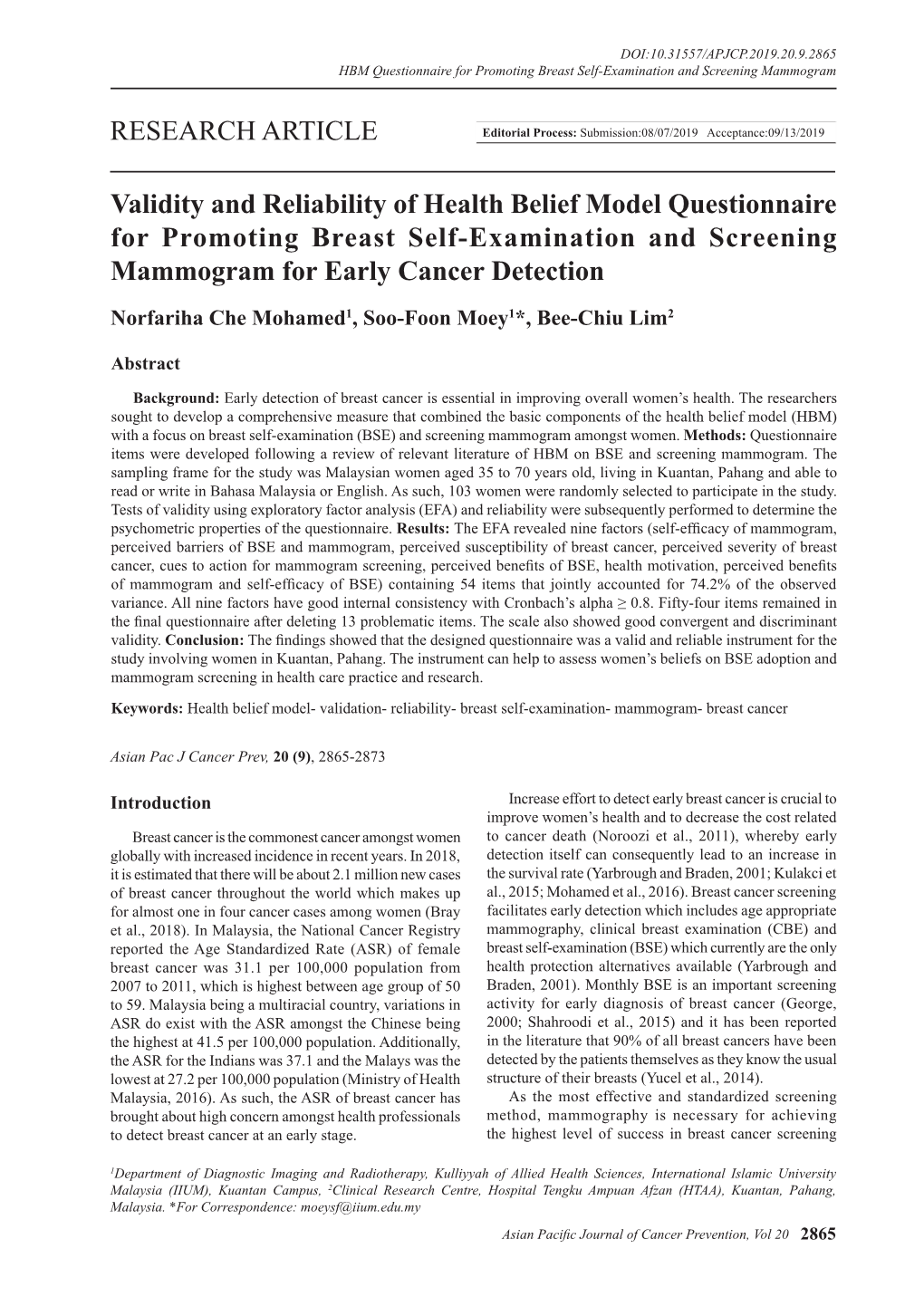 Validity and Reliability of Health Belief Model Questionnaire for Promoting