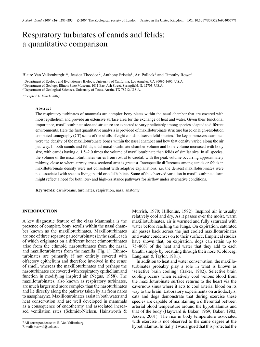 Respiratory Turbinates of Canids and Felids: a Quantitative Comparison