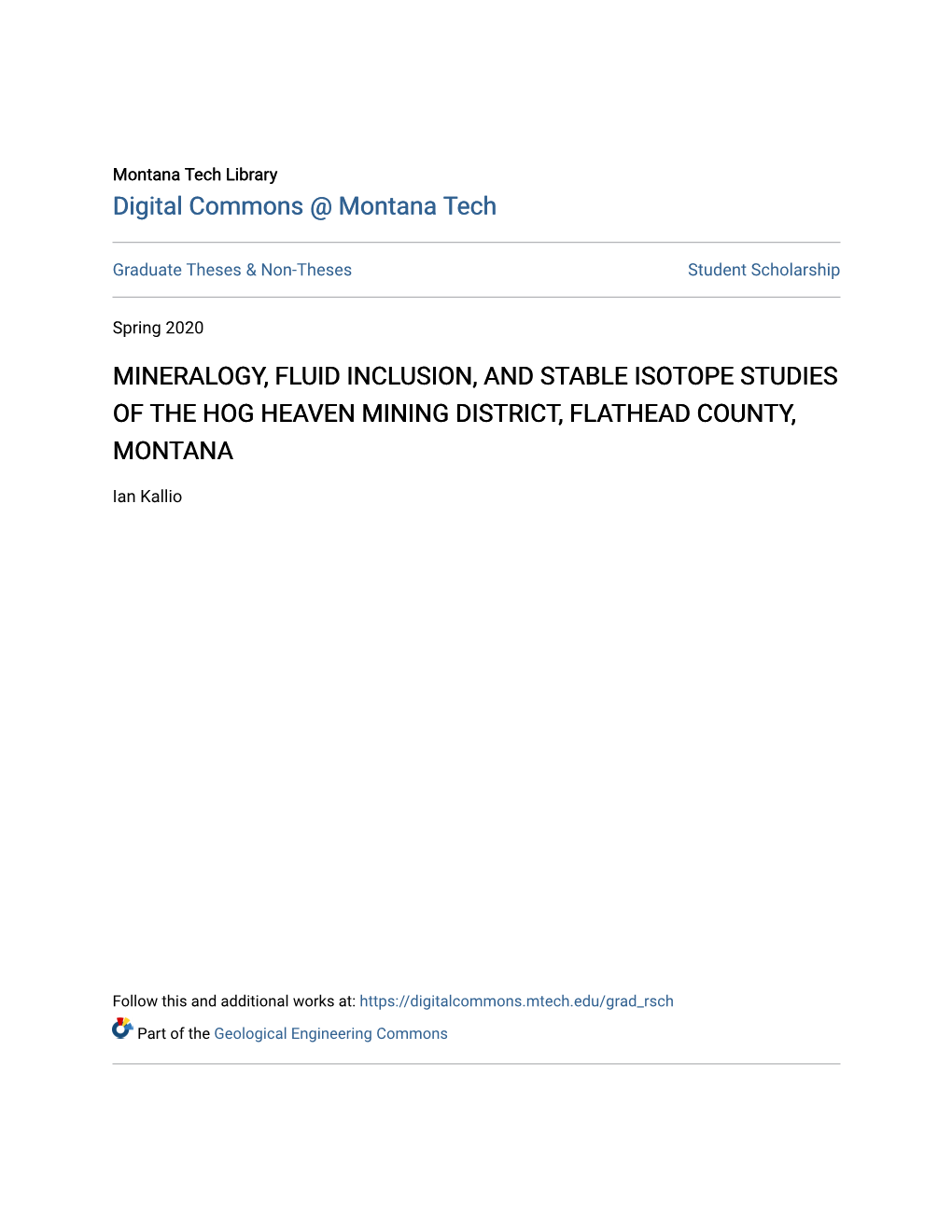 Mineralogy, Fluid Inclusion, and Stable Isotope Studies of the Hog Heaven Mining District, Flathead County, Montana