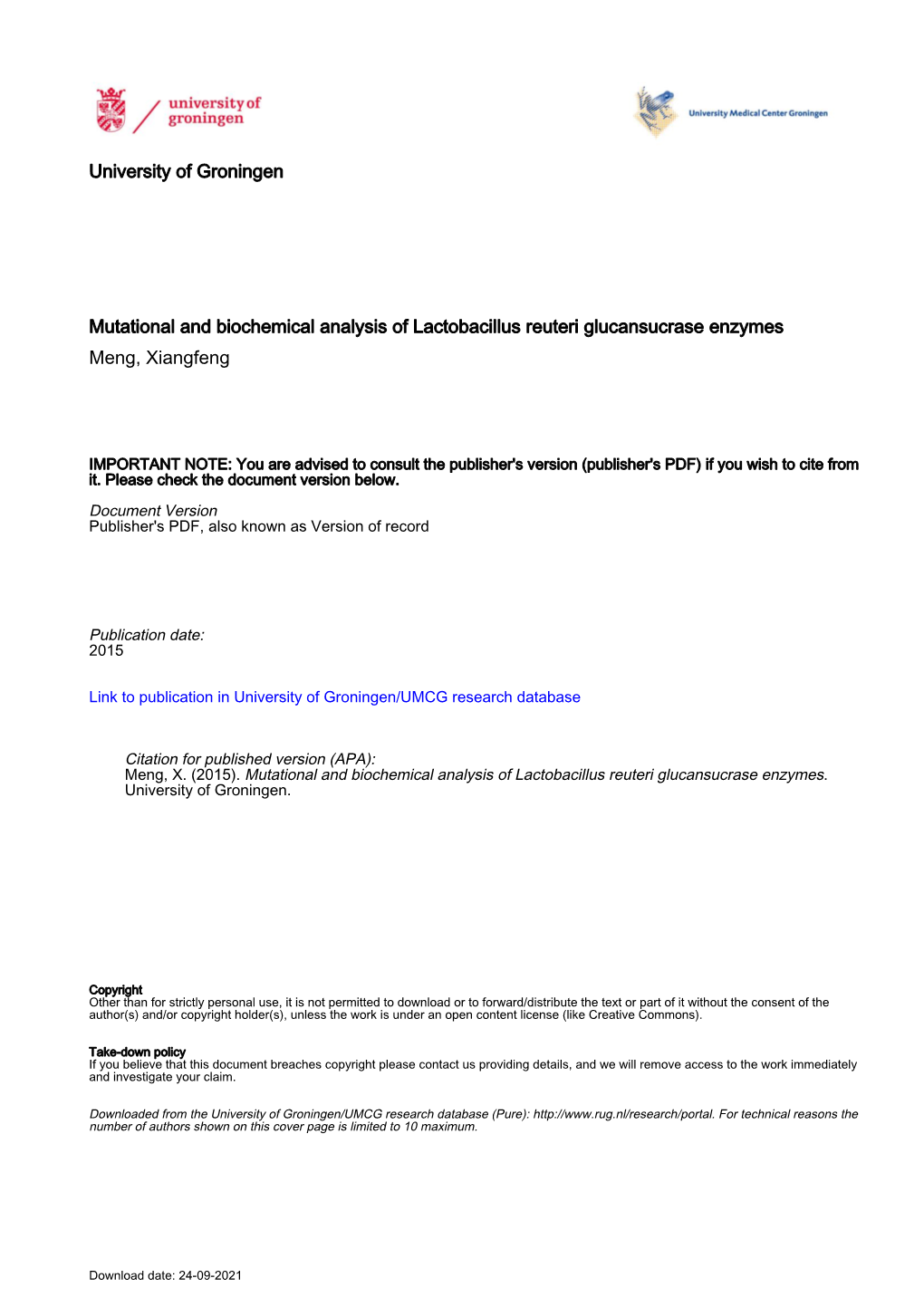 University of Groningen Mutational and Biochemical Analysis Of