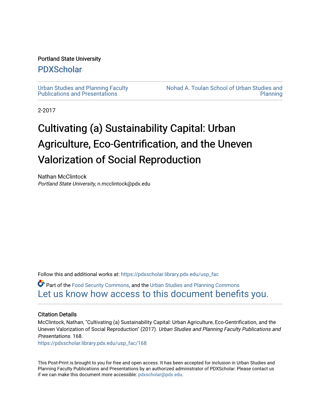 Cultivating (A) Sustainability Capital: Urban Agriculture, Eco-Gentrification, and the Uneven Valorization of Social Reproduction