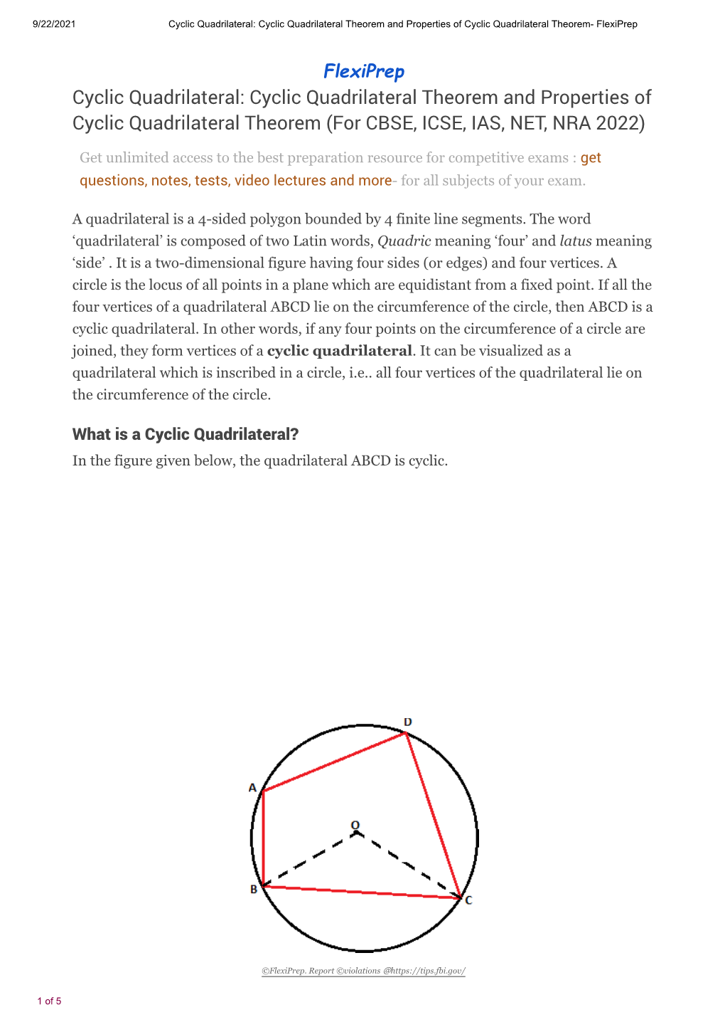 Cyclic Quadrilateral: Cyclic Quadrilateral Theorem and Properties of Cyclic Quadrilateral Theorem (For CBSE, ICSE, IAS, NET, NRA 2022)