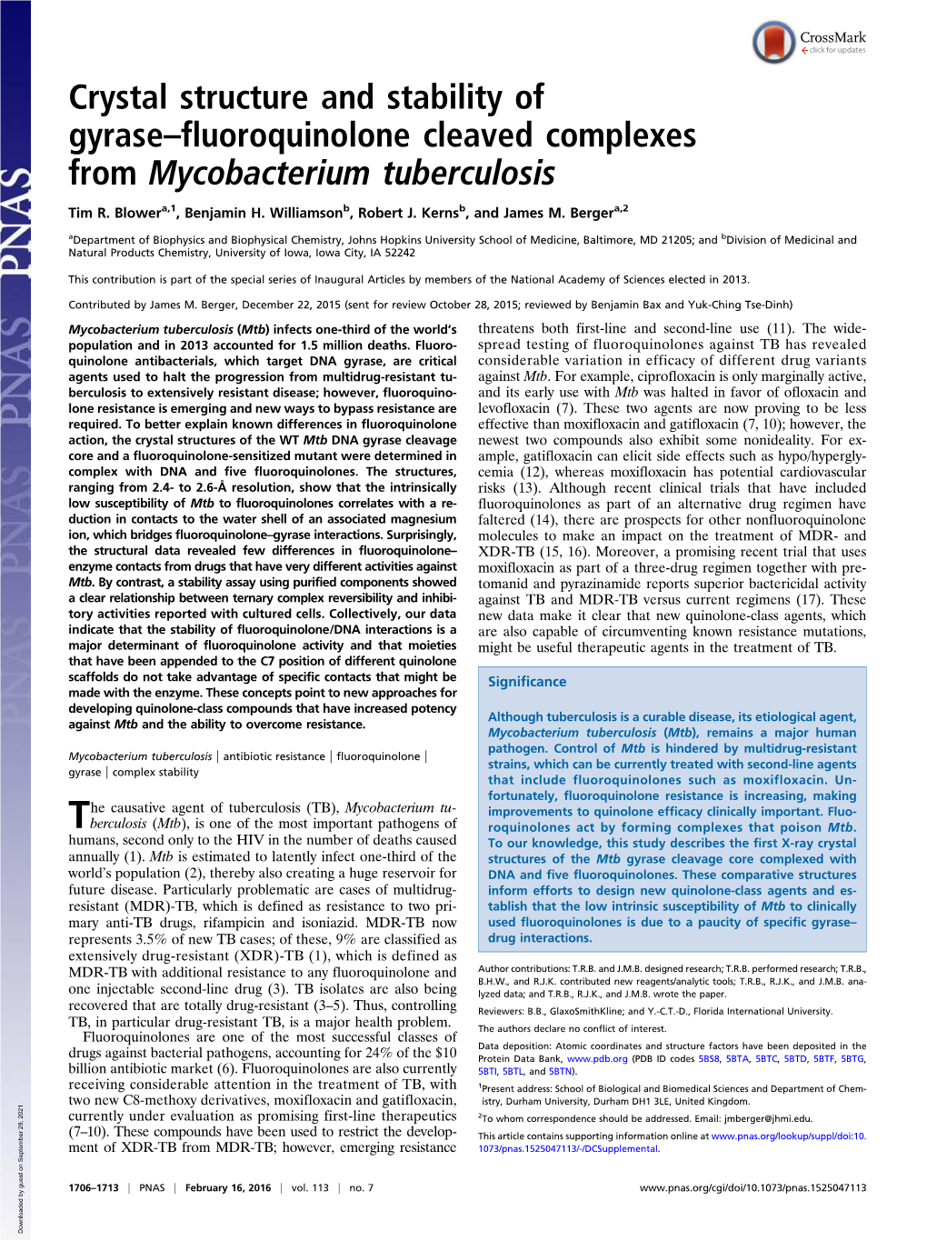 Crystal Structure and Stability of Gyrase–Fluoroquinolone Cleaved Complexes from Mycobacterium Tuberculosis