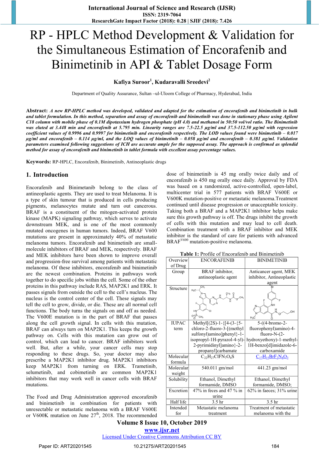 RP - HPLC Method Development & Validation for the Simultaneous Estimation of Encorafenib and Binimetinib in API & Tablet Dosage Form