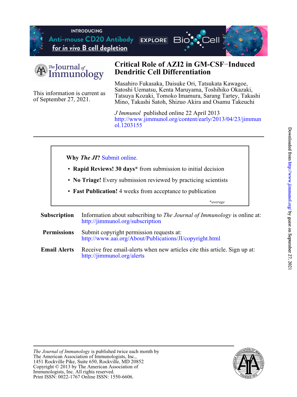 Dendritic Cell Differentiation Induced − Critical Role of AZI2 in GM-CSF