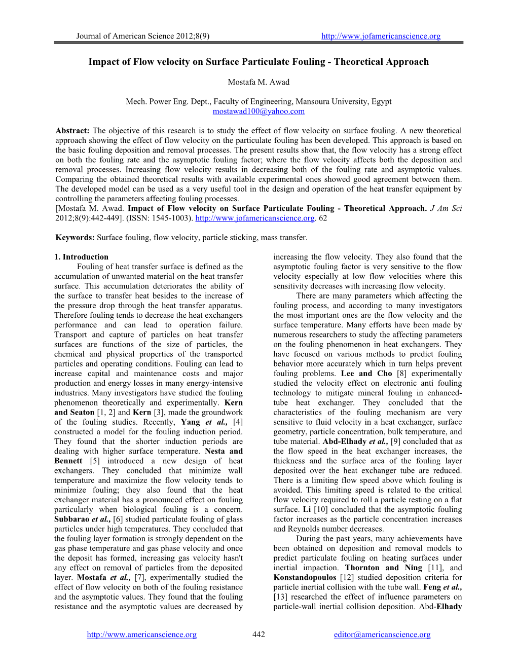 Impact of Flow Velocity on Surface Particulate Fouling - Theoretical Approach