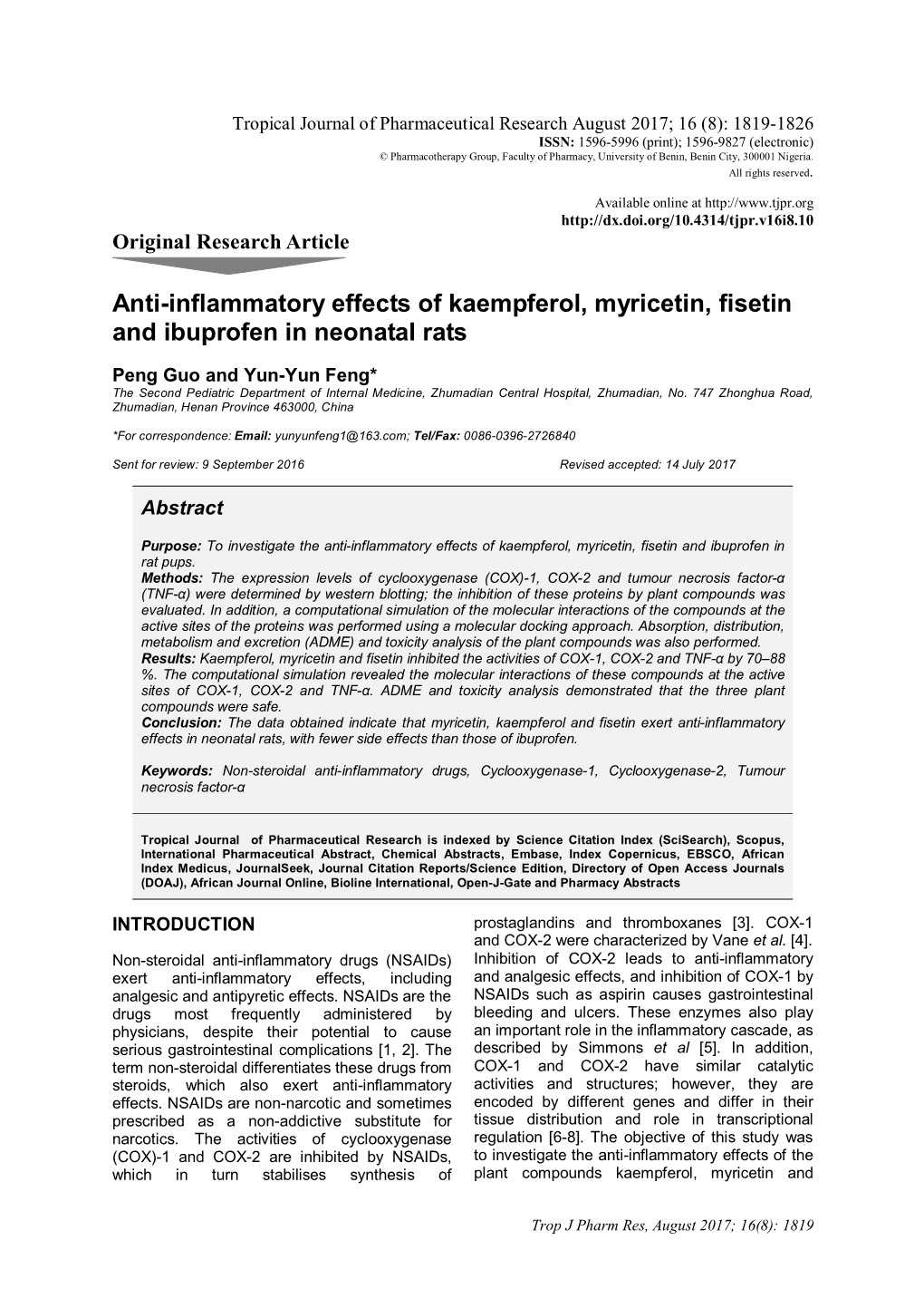 Anti-Inflammatory Effects of Kaempferol, Myricetin, Fisetin and Ibuprofen in Neonatal Rats